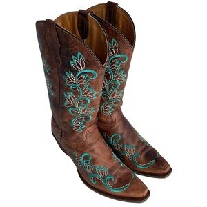Corral Vintage Leather Brown Turquoise Stitching Western Boots Women’s Size 5